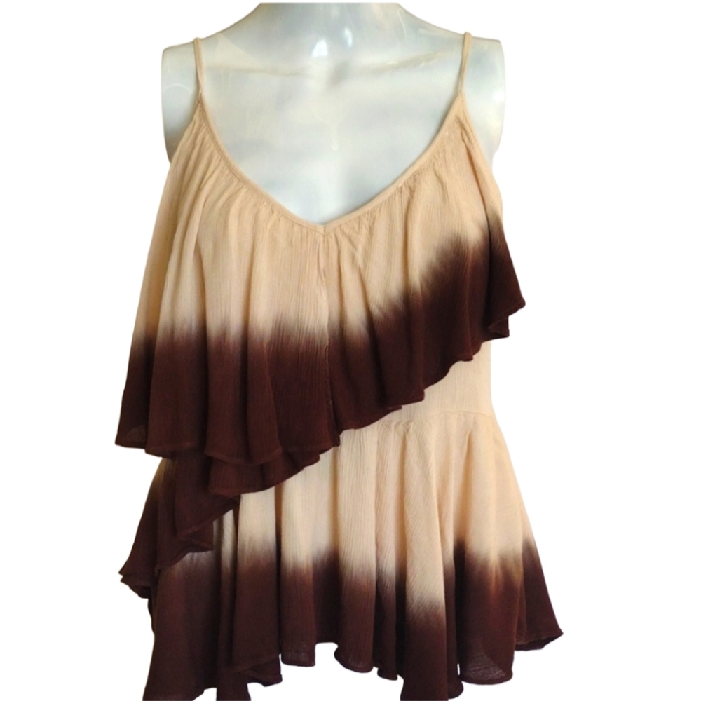 Fashion On Earth‎ Woman M Two Tone with Ruffles Blouse Sleeveless Brown Beige